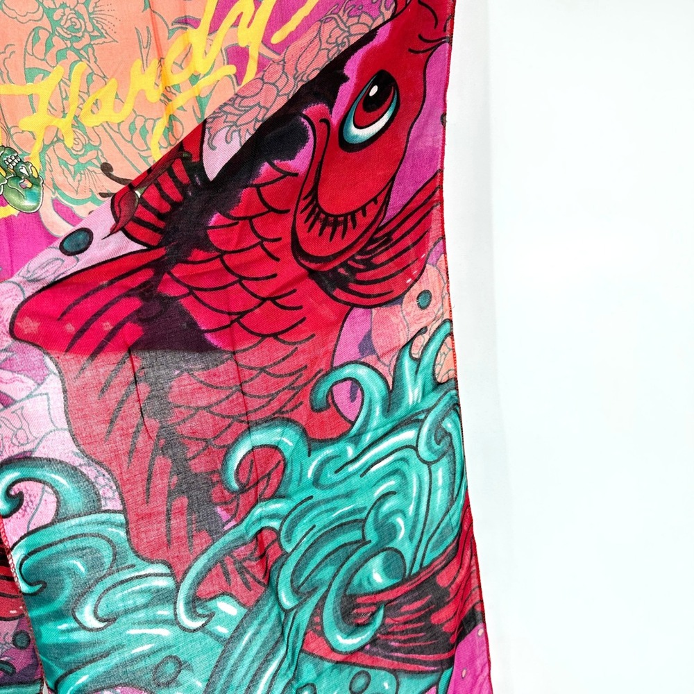 Ed Hardy Christian Audigier Scarf 84x12" Koi Fish Skull Y2K Tattoo Deadstock - Picture 6 of 8